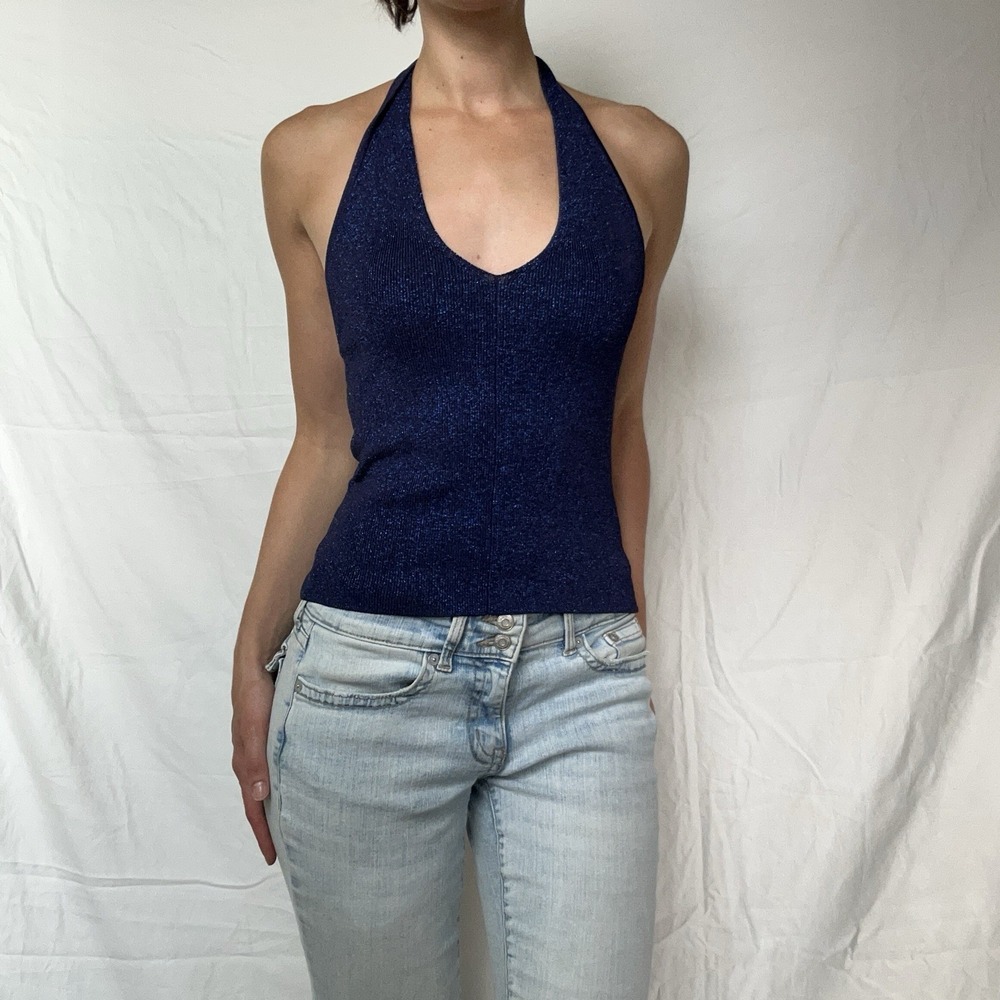 Y2K Guess Collection Metallic Knit Halter Top Dark Blue Indie 90s Chic